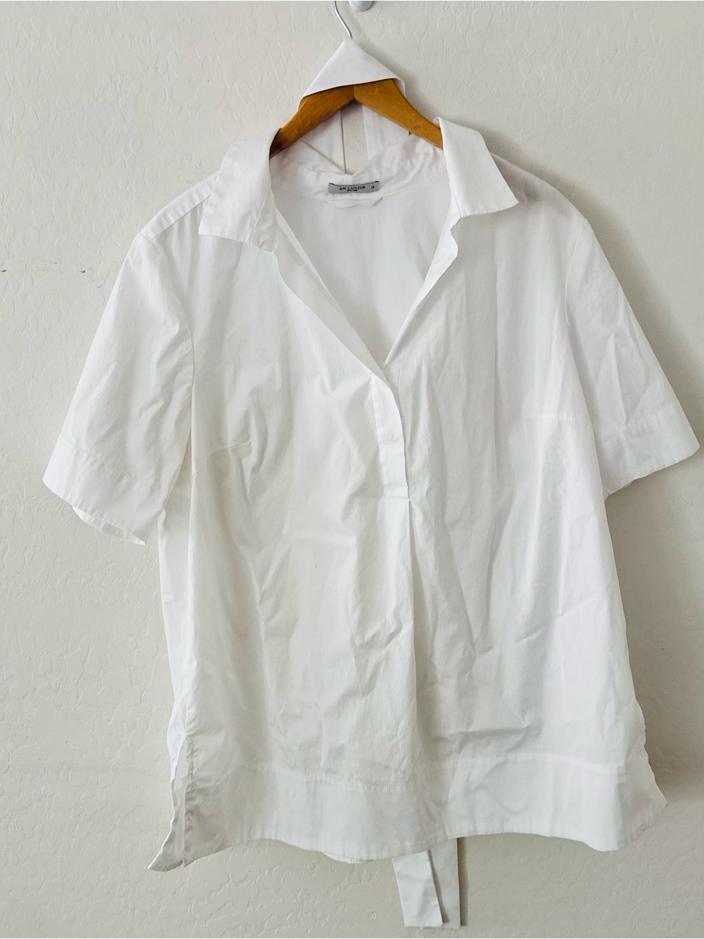 M.M.LaFleur White Cotton Poplin Tie Neck Short Sleeve Blouse Size +1